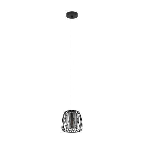 Black Floresta pendant light with a steel wire cage shade over a smoked glass cylinder, long cord, and round ceiling canopy, shown on a white background.