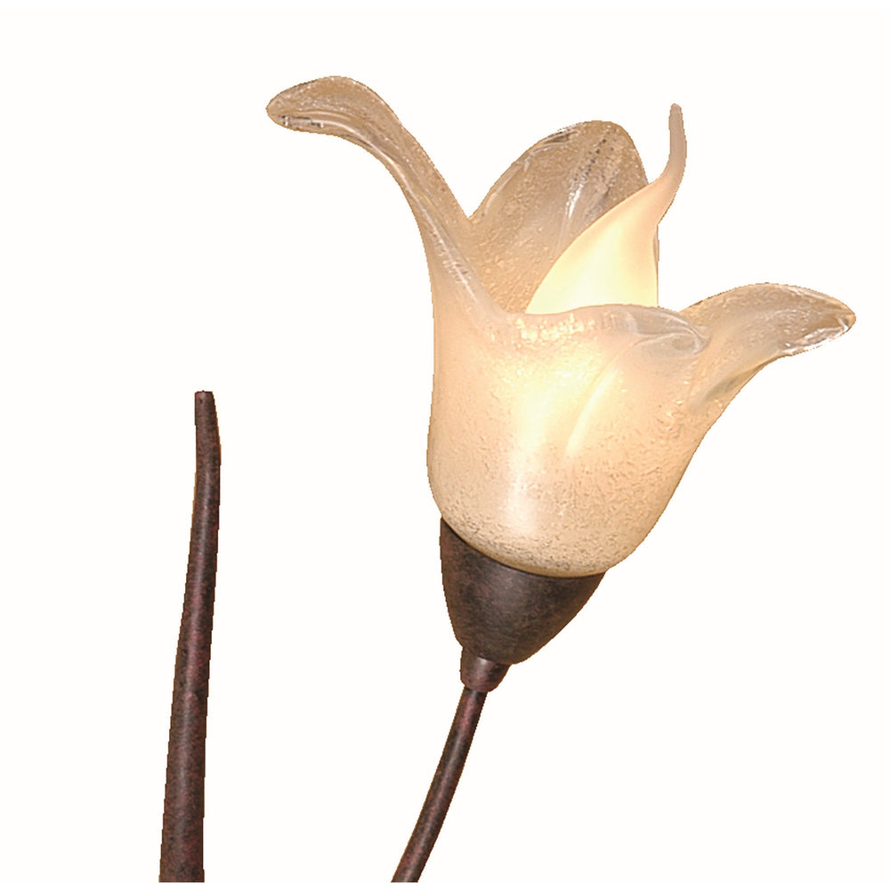 Close-up of the Florida wall light's amber frosted glass shade in fluted petal form, on a brown/black oxide metal stem against white.
