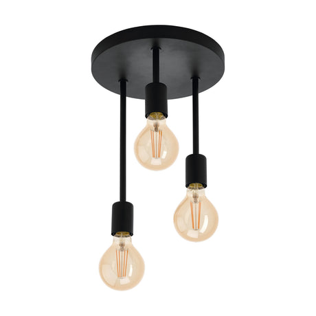 Flormine 3 Light Ceiling Light in black steel, round ceiling plate with three slim rods at staggered lengths holding exposed E27 lampholders with amber bulbs, shown on a white background.