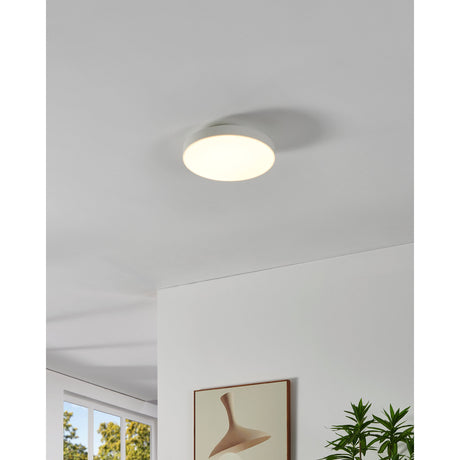 Flornorne Smart LED Flush Ceiling Light, round white 30cm fixture glowing warm white, mounted on a light grey ceiling in a hallway setting.