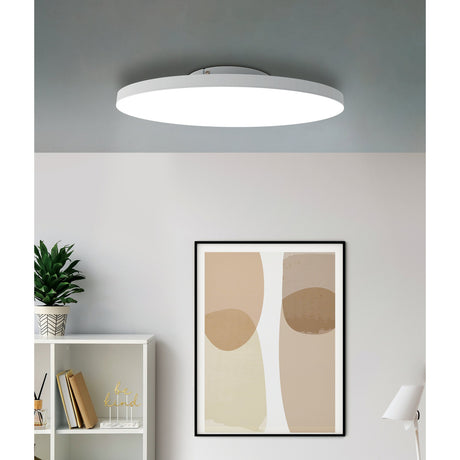 Round white LED flush ceiling light, Flornorne 60cm, illuminated on a grey ceiling above a neutral living room with a bookshelf, plant, and framed abstract print.