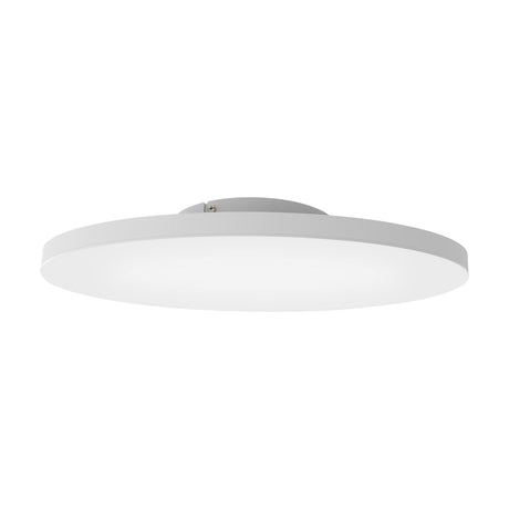 Flornorne 60cm round LED flush ceiling light in white, a slim disc with smooth plastic diffuser and small central canopy, shown on a plain white background.