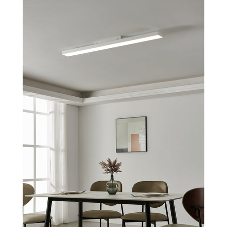 Flornorne Smart LED Flush Ceiling Light, a slim white 120 x 10cm linear fixture with an integrated LED diffuser, shown mounted on a dining room ceiling above a table and chairs.