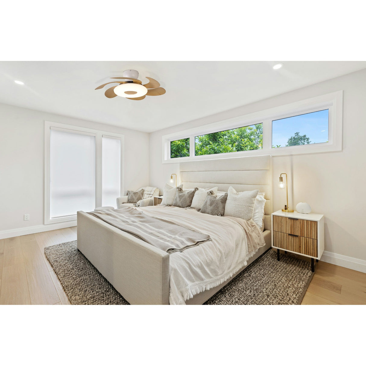 Flowers CCT Dimmable LED Ceiling Retractable Fan Light With Remote Control - White/Brown