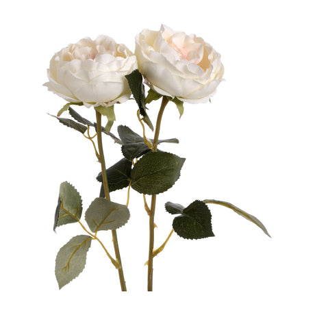 Hill Interiors Blush Garden Rose faux stems, two blush pink roses with layered petals and green leaves on bendable stems, shown on a white background.
