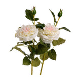 Hill Interiors White Garden Rose Spray faux stems with two ruffled ivory blooms, pink-tinted centres, green veined leaves and buds on a white background.