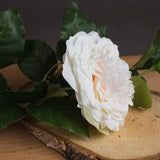 Hill Interiors White Garden Rose Spray with ruffled petals and veined green leaves resting on a rustic wood board against a grey background.