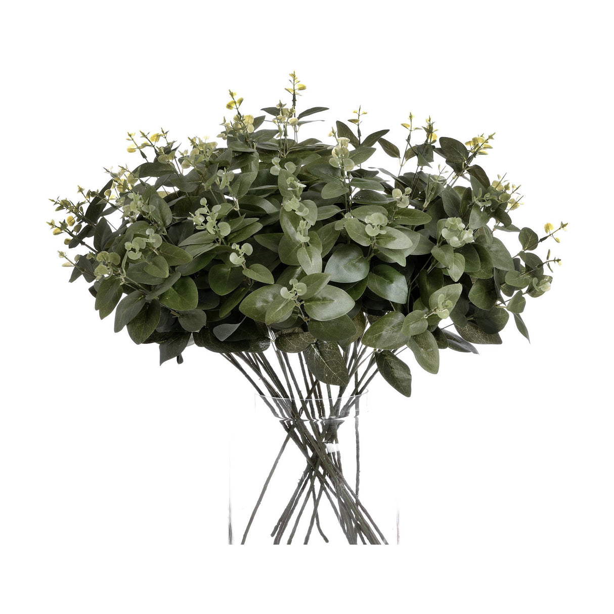 Hill Interiors Cineraria Eucalyptus Spray faux stems with muted green paired leaves, arranged in a clear glass vase against a plain white background.