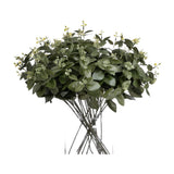 Hill Interiors Cineraria Eucalyptus Spray faux stems with muted green paired leaves, arranged in a clear glass vase against a plain white background.