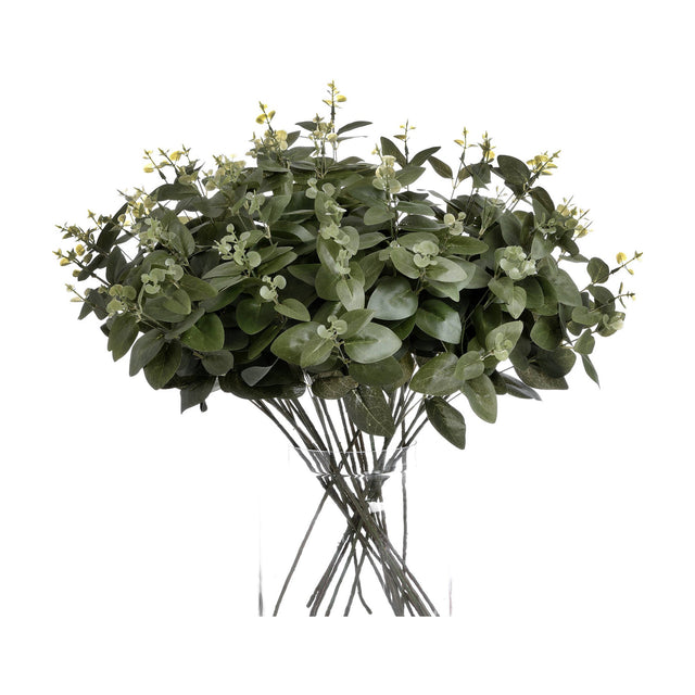 Hill Interiors Cineraria Eucalyptus Spray faux stems with muted green paired leaves, arranged in a clear glass vase against a plain white background.