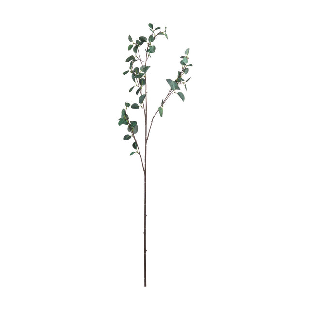 Hill Interiors Tall Eucalyptus Stem, a 96cm faux branching plastic stem with silvery green rounded leaves, shown against a plain white background.