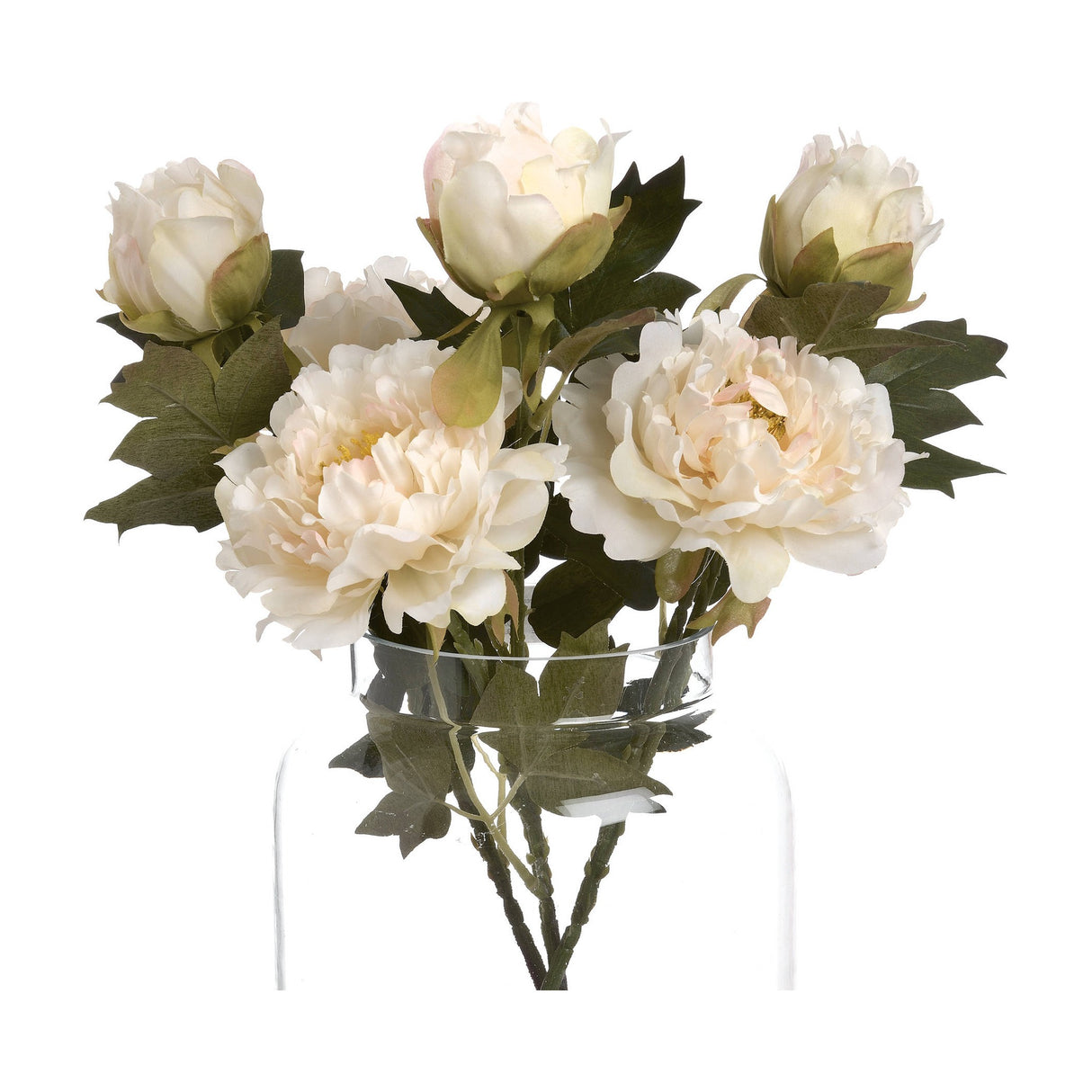 Hill Interiors White Fashion Peony faux flower arrangement with blooms and buds on green foliage stems, displayed in a clear glass vase.