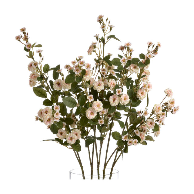 Hill Interiors Cream Wild Meadow Rose faux stems with clustered cream and pink ruffled blooms and green leaves, arranged in a clear glass vase.
