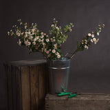 Hill Interiors Cream Wild Meadow Rose faux stems with cream blossoms and green leaves arranged in a galvanised metal bucket on a wooden crate.