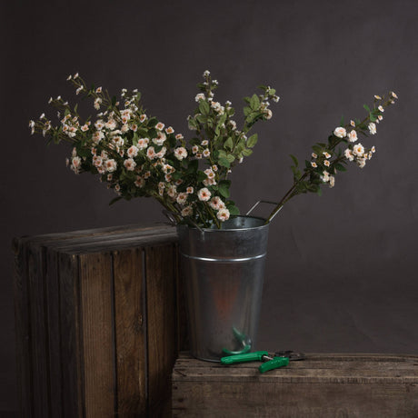 Hill Interiors Cream Wild Meadow Rose faux stems with cream blossoms and green leaves arranged in a galvanised metal bucket on a wooden crate.