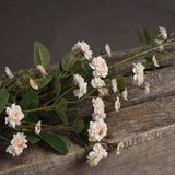 Hill Interiors Cream Wild Meadow Rose faux stems with ruffled cream blooms and green leaves, laid across a rustic wooden surface against a dark backdrop.