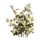 Hill Interiors Green Wild Meadow Rose, a 74cm faux rose stem with clusters of ruffled pale green blooms and veined leaves, on a white background.