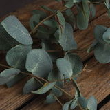 Hill Interiors Variegated Eucalyptus faux stem with rounded green leaves and slender branches displayed across a rustic wooden surface.