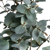 Close-up of Hill Interiors Variegated Eucalyptus faux stem showing rounded green leaves with pale dusky variegation on slender brown branches.