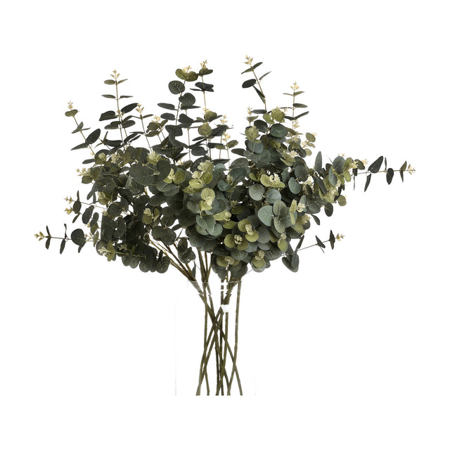 Hill Interiors Eucalyptus Spray faux plants with rounded sage green leaves on slender stems, arranged in a clear glass vase against a white background.