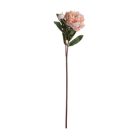Hill Interiors Peach Peony Rose faux stem with a full ruffled bloom, small bud and veined green leaves on a wired stem, against a white background.