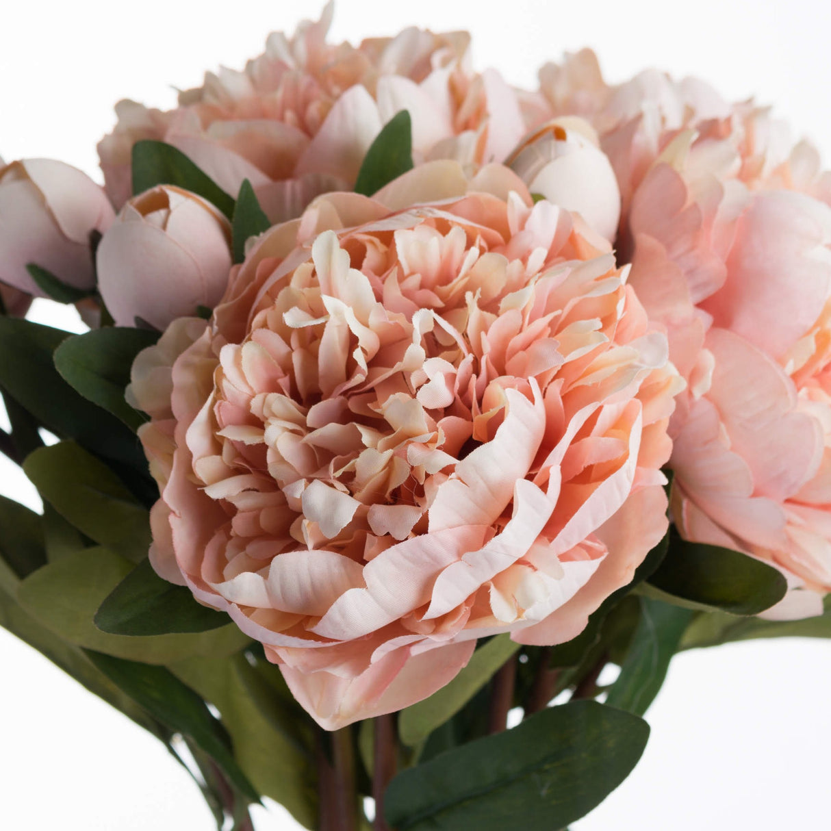 Hill Interiors Peach Peony Rose faux stems with layered peach-pink ruffled blooms, unopened buds and green veined leaves on a white background.