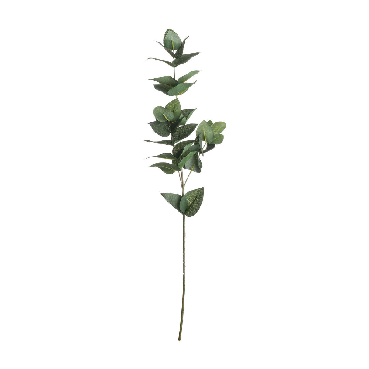Hill Interiors Eucalyptus Filler, a 60cm faux stem with rounded green plastic leaves along a slender branch, shown on a plain white background.