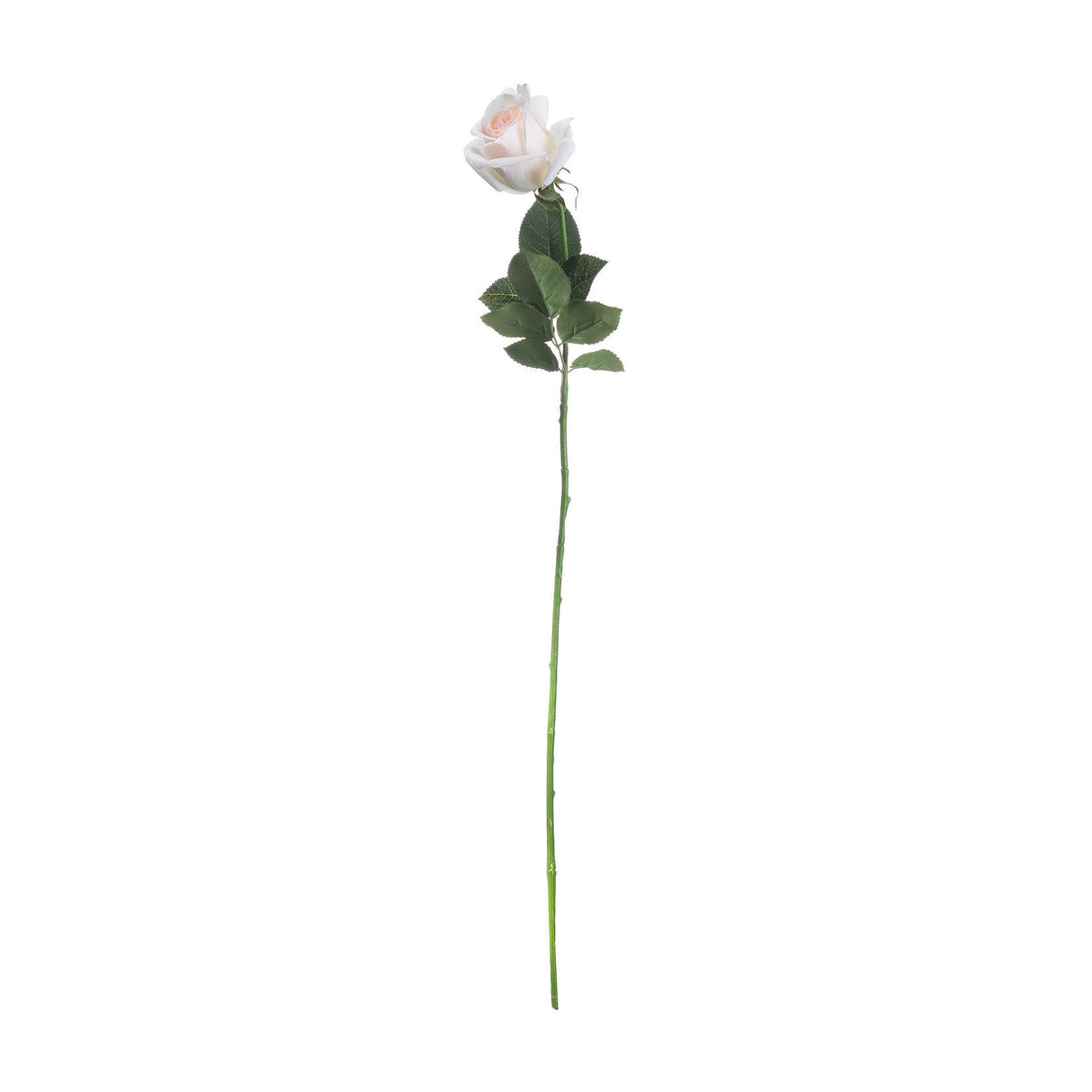 Hill Interiors Palest Pink Tea Rose, a single-stem faux rose with blush layered petals and green leaves on a tall wrapped stem, on a white background.