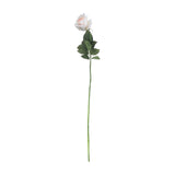 Hill Interiors Palest Pink Tea Rose, a single-stem faux rose with blush layered petals and green leaves on a tall wrapped stem, on a white background.