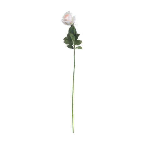 Hill Interiors Palest Pink Tea Rose, a single-stem faux rose with blush layered petals and green leaves on a tall wrapped stem, on a white background.