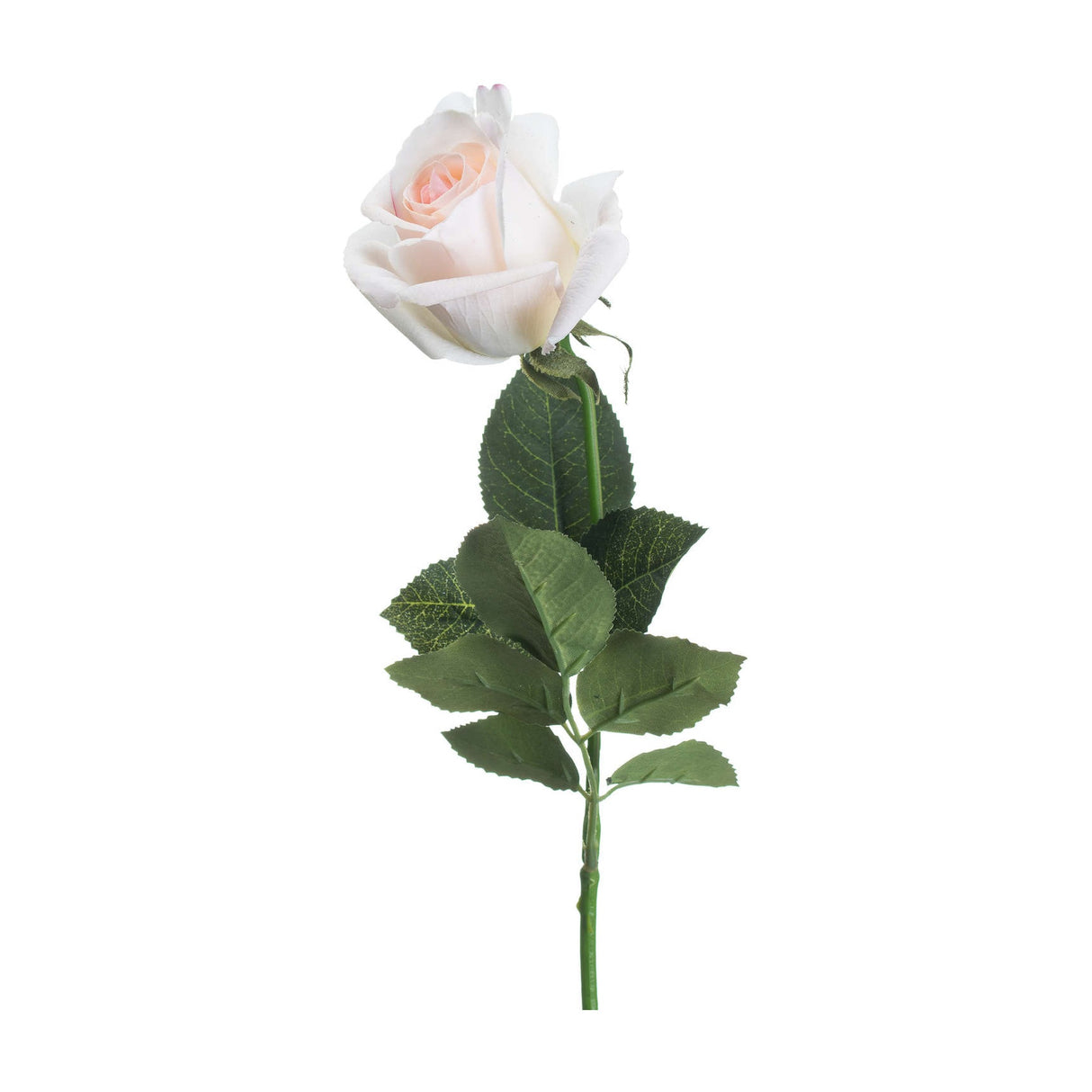 Hill Interiors Palest Pink Tea Rose single-stem faux flower with a blush bloom, green leaves and wrapped stem on a plain white background.