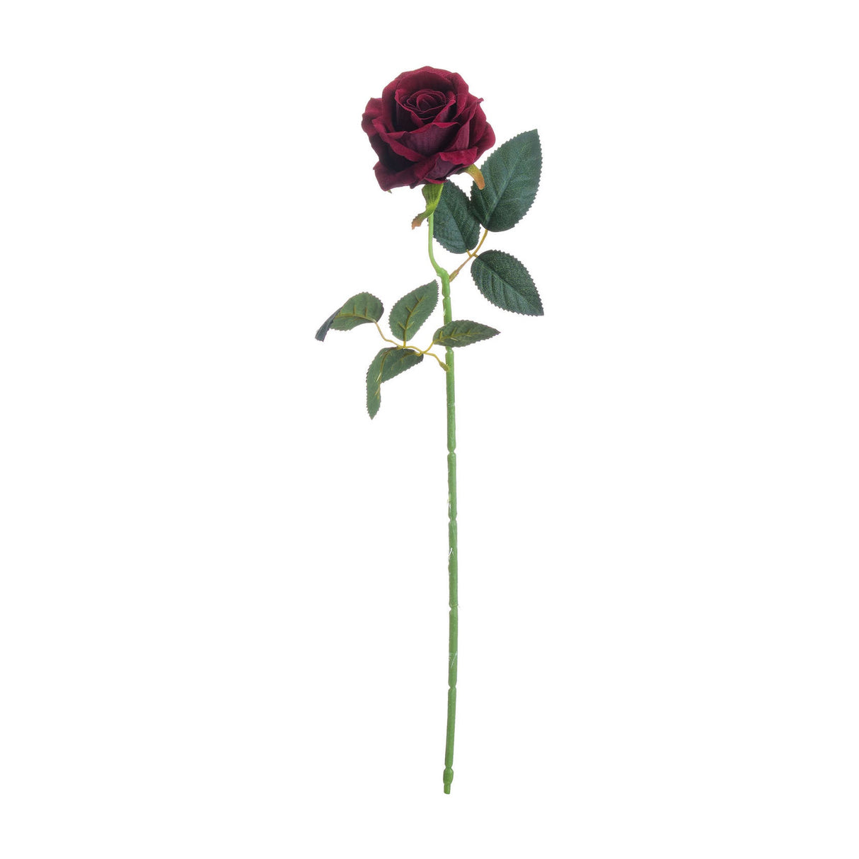 Hill Interiors Deep Red Rose faux stem with a full layered bloom and green veined leaves on a bendable plastic stem, shown on a plain white background.