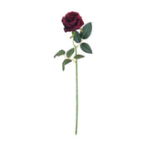 Hill Interiors Deep Red Rose faux stem with a full layered bloom and green veined leaves on a bendable plastic stem, shown on a plain white background.