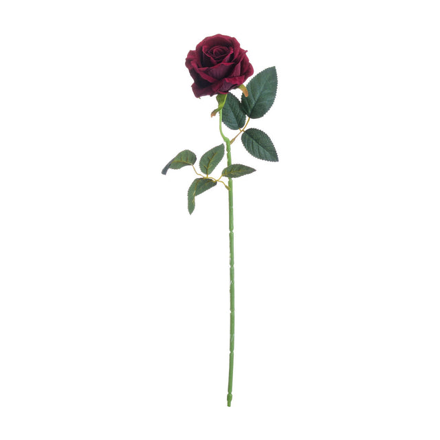 Hill Interiors Deep Red Rose faux stem with a full layered bloom and green veined leaves on a bendable plastic stem, shown on a plain white background.