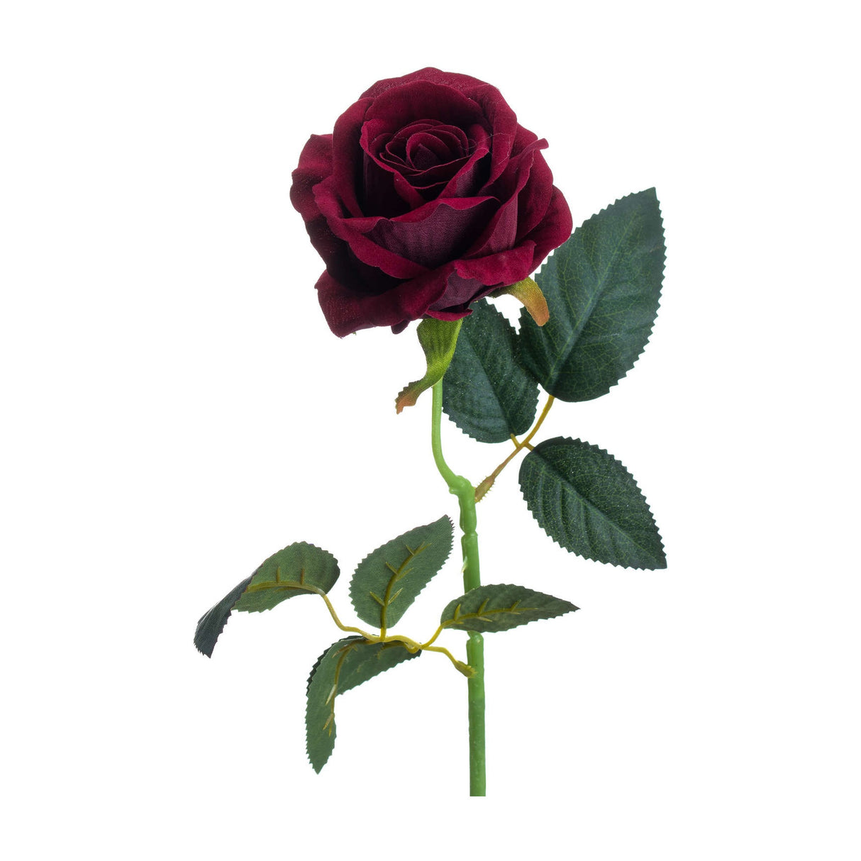 Hill Interiors Deep Red Rose faux stem with a full layered bloom and veined green leaves on a bendable plastic stem, shown against a plain white background.