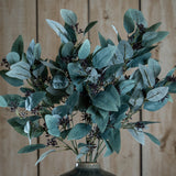 Hill Interiors Seeded Eucalyptus Stem with silvery-green rounded leaves and dark seed clusters, arranged in a vase against a wooden plank backdrop.