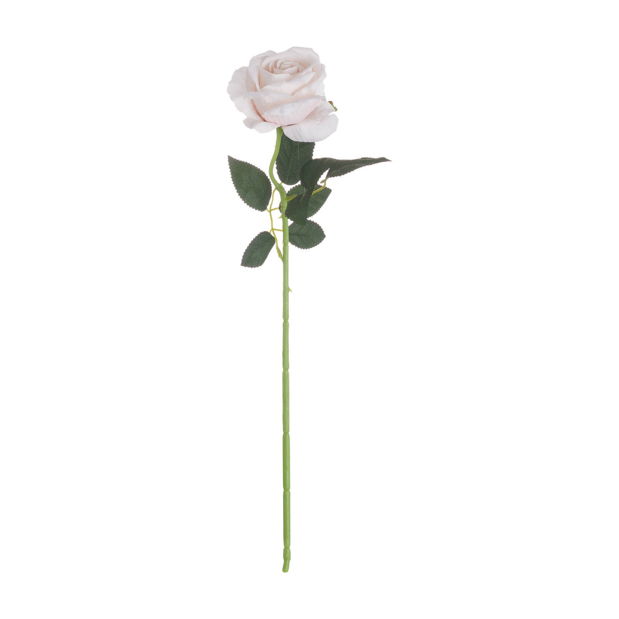 Hill Interiors Pastel Pink Tea Rose, a 53cm faux rose with a full pale pink head, ruffled polyester petals and green leaves on a bendable stem.