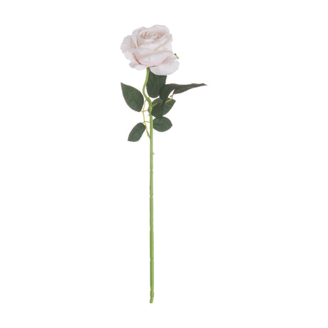Hill Interiors Pastel Pink Tea Rose, a 53cm faux rose with a full pale pink head, ruffled polyester petals and green leaves on a bendable stem.