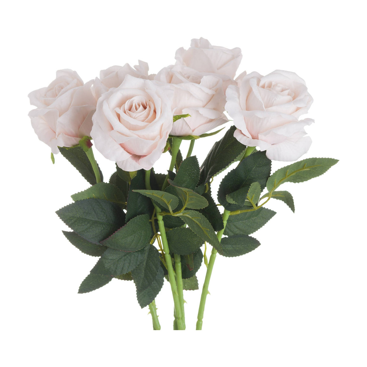 Hill Interiors Pastel Pink Tea Rose faux stems grouped together, showing layered pale pink rose heads and green veined leaves on a white background.