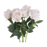 Hill Interiors Pastel Pink Tea Rose faux stems grouped together, showing layered pale pink rose heads and green veined leaves on a white background.