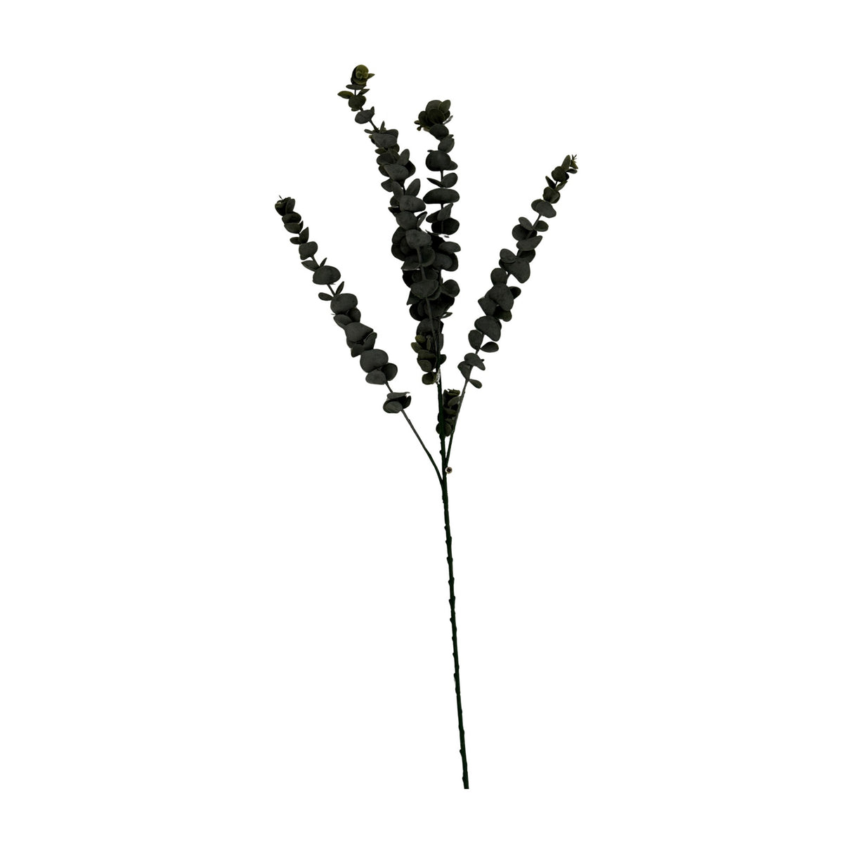 Hill Interiors Silver Dollar Eucalyptus faux stem with dark green rounded leaves branching across three sprays on a tall wire stem, shown on a white background.