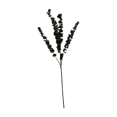 Hill Interiors Silver Dollar Eucalyptus faux stem with dark green rounded leaves branching across three sprays on a tall wire stem, shown on a white background.