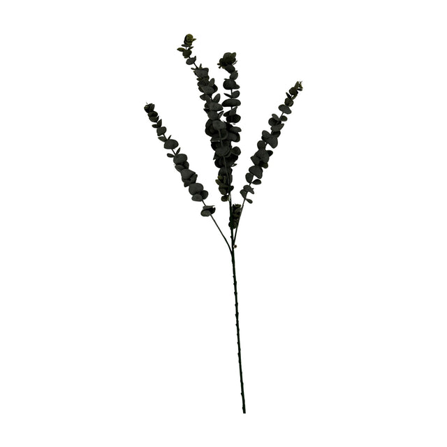 Hill Interiors Silver Dollar Eucalyptus faux stem with dark green rounded leaves branching across three sprays on a tall wire stem, shown on a white background.