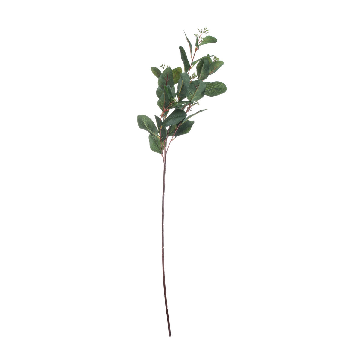 Hill Interiors Summer Seeded Eucalyptus faux stem with green plastic leaves and small seed clusters on a slender brown stem, shown on a plain white background.