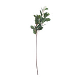 Hill Interiors Summer Seeded Eucalyptus faux stem with green plastic leaves and small seed clusters on a slender brown stem, shown on a plain white background.