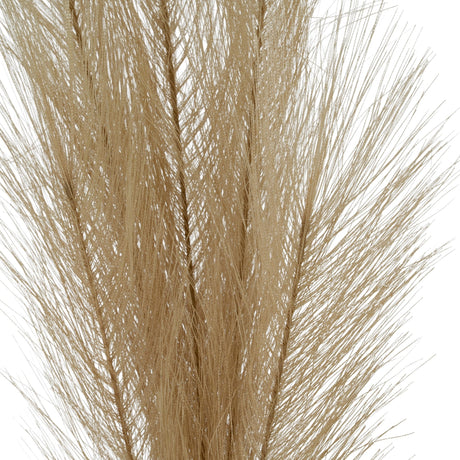 Close-up of Hill Interiors Faux Pampas Grass Stem showing feathery beige plastic strands forming a full, cloud-like plume against a white background.