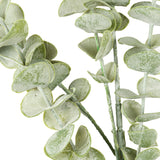 Close-up of Hill Interiors Gunnii Eucalyptus Spray showing rounded silvery-green plastic leaves with matt veining along slender grey-green stems.