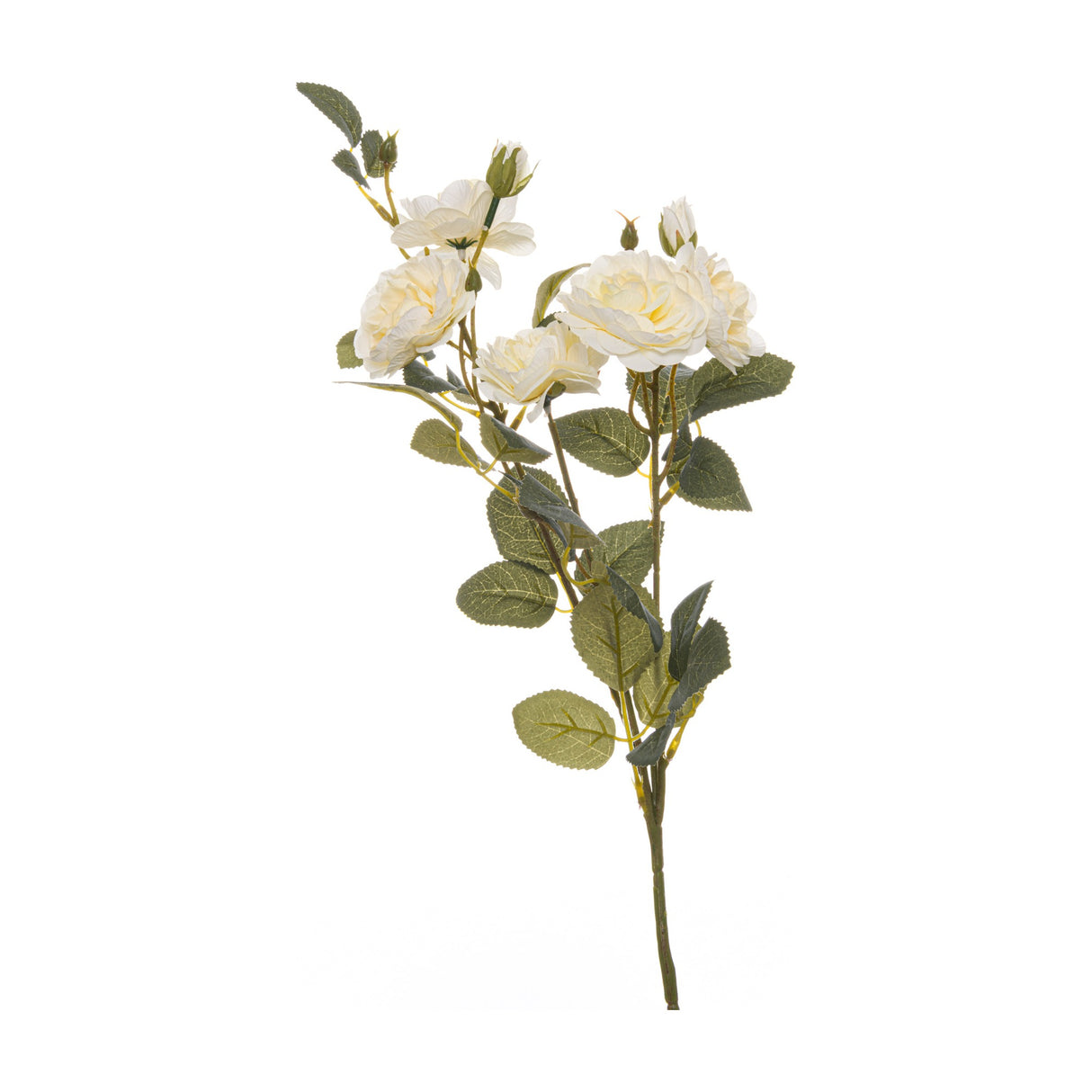 Hill Interiors Soft White Cottage Rose Stem featuring layered cream blooms and buds on a leafy green stem, shown against a plain white background.