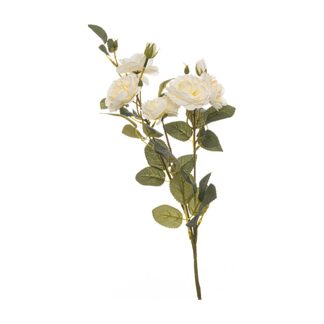 Hill Interiors Soft White Cottage Rose Stem featuring layered cream blooms and buds on a leafy green stem, shown against a plain white background.