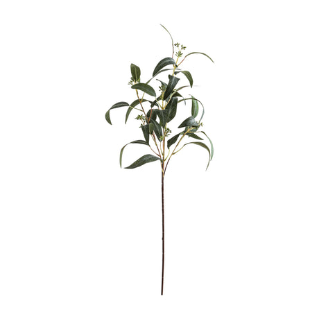 Hill Interiors Seeded Eucalyptus Spray, an 86cm faux stem with green rounded leaves and seeded detailing on arched branches, shown on a white background.